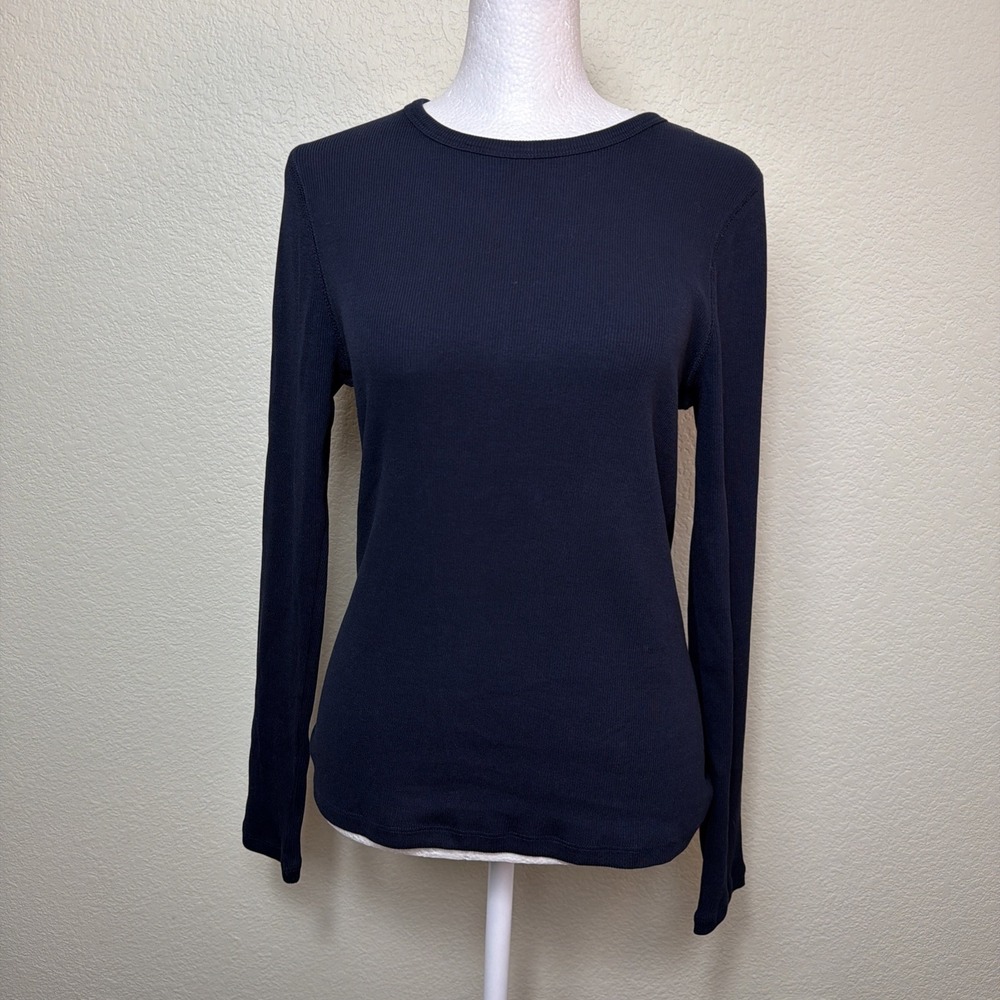 Quince Micro-Rib Tee Women M Deep Navy Blue Organic Cotton Long Sleeve Shirt NWT